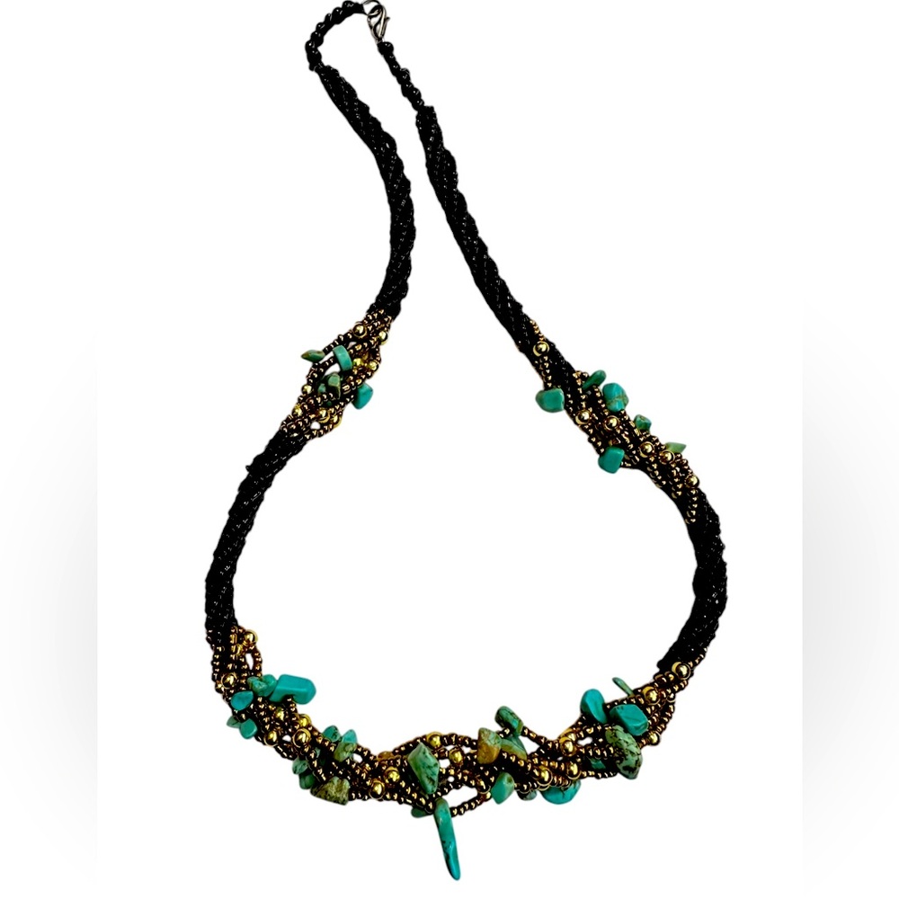 Turquoise genuine stone chip glass bead multistrand necklace 16-18”